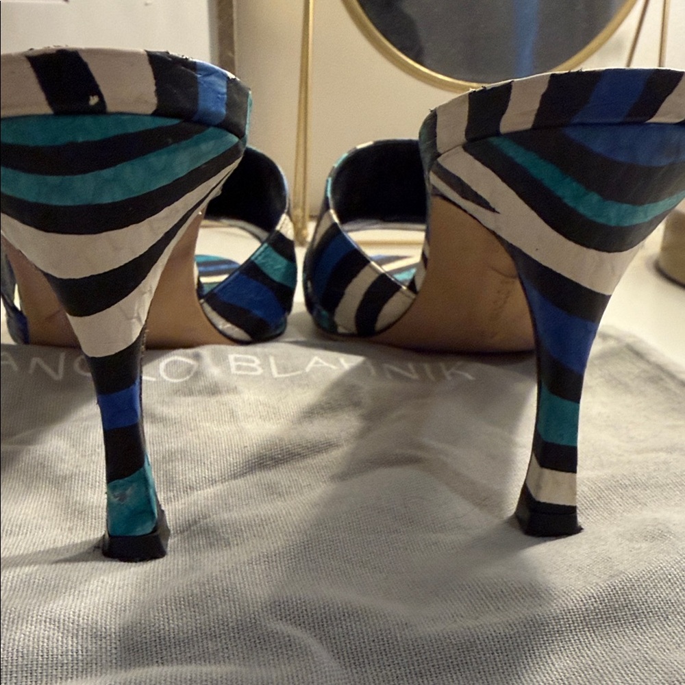 Manolo Blahnik Blue and Black Striped Heels - Picture 5 of 6